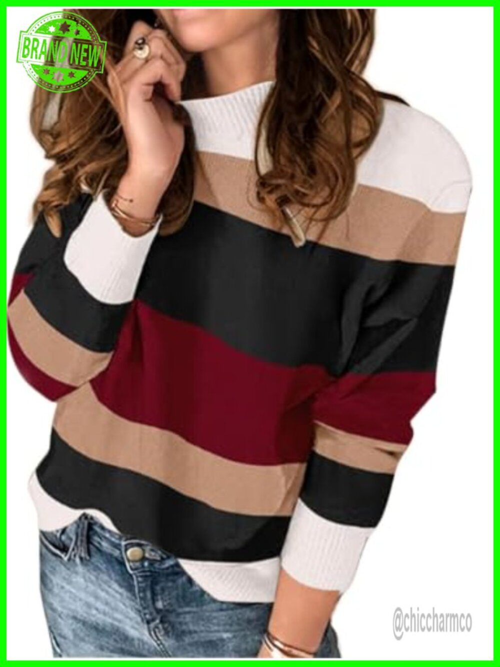 Women's Striped Crew Neck Knit Sweater Long Sleeve Pullover Fall Winter Viscose